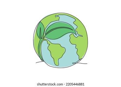Grünes Blatt auf dem Globus. Einzelne durchgehende Welt natürliche globale Karte Symbol. Einfache Einzeilendoodle zum Ersparen des Erdkonzepts. Einzige Vektorgrafik-minimalistisches Design auf weißem Hintergrund