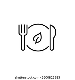 Green leaf on plate, knife and fork. Vegan or vegetarian menu at the restaurant. Organic produce, ethical practices. Pixel perfect, editable stroke vector icon