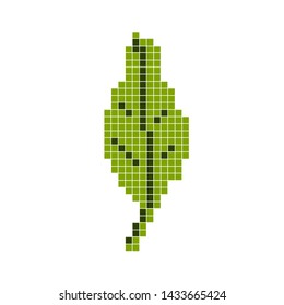 Green leaf on a white background. Pixel art, cartoon vector illustration. Retro style game