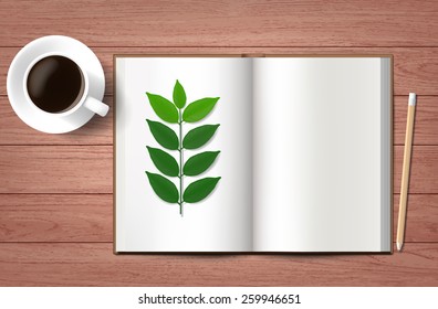 green leaf an open  Sketchbook or Notebook with Pencil and a Cup of Coffee on Old Wooden Table