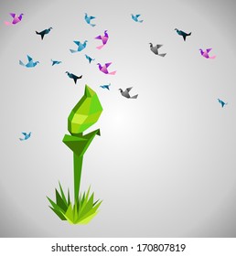 Green leaf origami and bird. abstract background