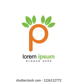 Green leaf P letter icon. Logo vector template