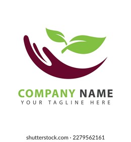 Green leaf and palm logo design vector.
