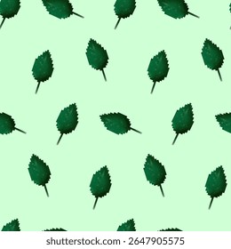 Green leaf pattern on a light background for textile and wallpaper design, featuring a vector illustration with a nature theme