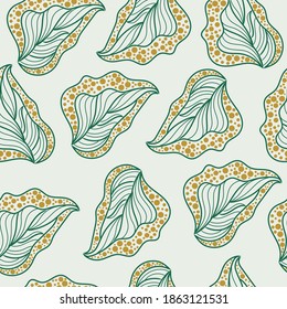 Green leaf pattern with yellow dots border, tropical leaves with line art, fabric print, textile, wallpaper