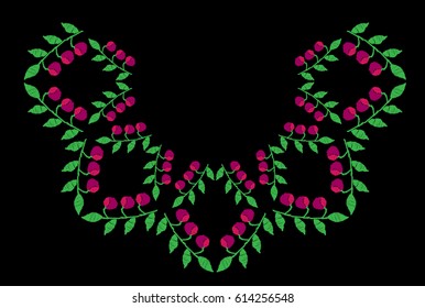 Green leaf with pink berry embroidery stitches imitation on the black background. Vector embroidery for collar shirts, blouses, clothes and textile.
