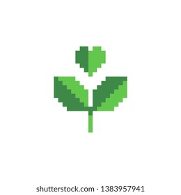 Green leaf pixel art icon, eco plant logo. Isolated vector illustration. Game assets 8-bit sprite. Design for stickers,  printables, web, prints, t-shirt, stickers, logo, mobile app. 