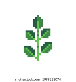 Green leaf pixel art icon, eco plant logo. Isolated vector illustration. Game assets 8-bit sprite. Design for stickers,  printables, web, prints, t-shirt, stickers, logo, mobile app. 