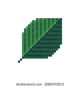 Green leaf pixel art icon, eco plant logo. Isolated vector illustration. Game assets 8-bit sprite. Design for stickers,  printables, web, prints, t-shirt, stickers, logo, mobile app. 