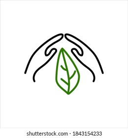 Green leaf, plant in hands isolated icon. Saving nature. Vector illustration.