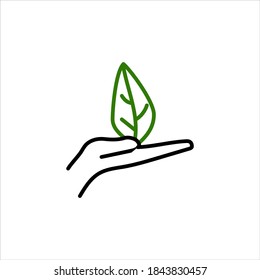 Green leaf, plant in hands isolated icon. Saving nature. Vector illustration.