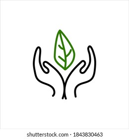 Green leaf, plant in hands isolated icon. Saving nature. Vector illustration.