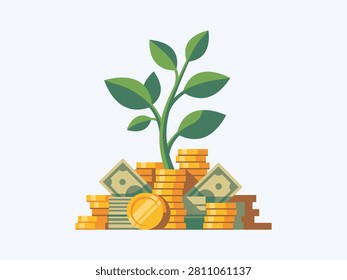 Green leaf plant sprouting directly from pile of gold coins and stacked green paper currency representing wealth accumulation.