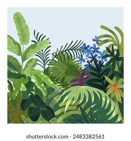 Green leaf plants, natural card. Botanical background, wild greenery, fresh jungle. Ecology design, square shape. Foliage flora, garden leaves. Organic postcard, thickets. Flat vector illustration