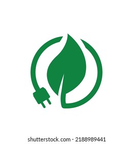 Green leaf with plug electric icon, Renewable power and clean energy, Eco friendly charging symbol, Vector illustration