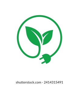 Green leaf with plug electric icon. Renewable power and clean energy icon. Eco Friendly charging symbol.