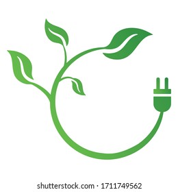 Green leaf and plug icon isolated on white background. Ecology concept save energy. Vector illustration for any design.