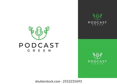 Plantilla de Vector de diseño de logotipo de podcast de hoja verde
