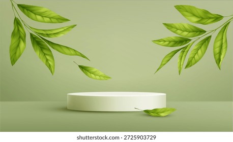 El podio de hojas verdes con follaje fresco crea un escenario botánico natural para la exhibición de productos orgánicos, perfecto para la presentación cosmética de primavera con hojas que caen.