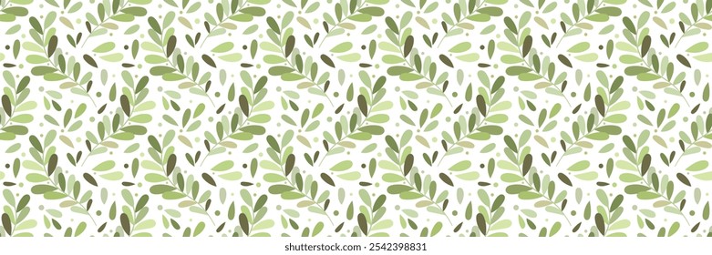 Green leaf print banner, seamless vector repeat pattern with leaves, horizontal background design