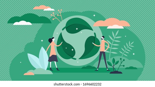 Símbolo de reciclaje de hoja verde ilustración vectorial en el concepto de personas diminutas planas. Visualización del ciclo reutilizable para un estilo de vida ecológico que no sea desecho natural. 