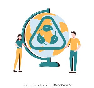 Green leaf recycle symbol vector illustration in flat tiny persons concept. Reusable cycle visualization for environmental zero waste nature friendly lifestyle.