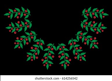 Green leaf with red berry embroidery stitches imitation on the black background. Vector embroidery for collar shirts, blouses, clothes and textile.