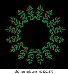 Green leaf with red berry frames embroidery stitches imitation on the black background. Vector berry dot wreath for card, invitation, posters, texture backgrounds, placards, banners.