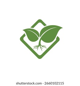 Green Leaf with Roots Icon in Diamond Shape for Eco Nature Logo
