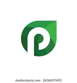 Plantilla de Vector de diseño de logotipo de letra P de espacio negativo redondo de hoja verde