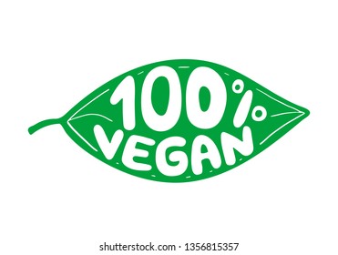Green leaf with rubber stamp effect and hand lettering of the text 100 percent vegan.
