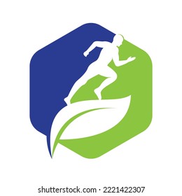 Green leaf runner logo concept design. Physiotherapy treatment concept vector design.	