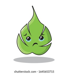 Green leaf with sad expression, kawaii style, maple cartoon, vector illustration.