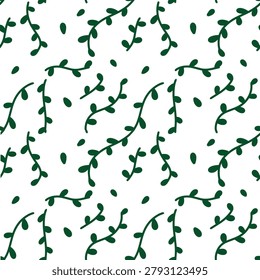 Green leaf seamless pattern. Minimalist botanical vine branch background. Hand drawn organic leafage motif ornament for textile, fabric, wrapping paper.