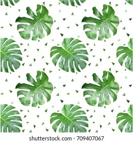 green leaf seamless pattern tropical polygons plant in low poly style for fresh background, wallpaper, textile, beauty and print.
