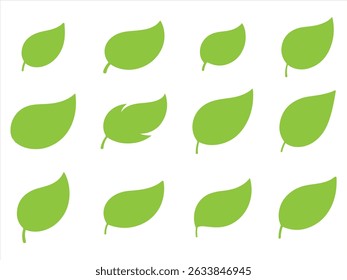  Vector de silueta de icono de conjunto de hojas verdes sobre fondo blanco.