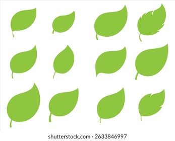  Vector de silueta de icono de conjunto de hojas verdes sobre fondo blanco.