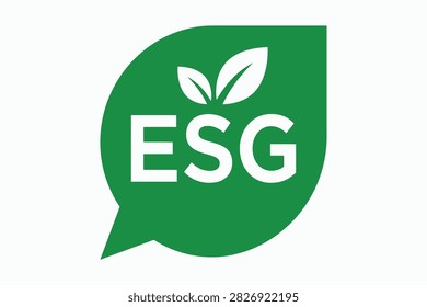 A green leaf shape containing the letters ESG represents environmental social and governance principles foliage botanical verdant emerald graphic