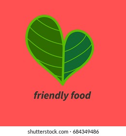 Green leaf in shape of heart. Logo eco friendly food. Icon vegan, bio, organic product. Vector illustration