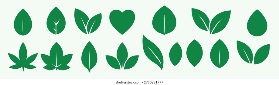 Diseño gráfico de Vector plano simple de la Colección de las Formas de la hoja verde incluyendo el icono del corazón