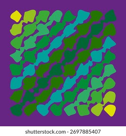 Green leaf shapes pattern. Dynamic foliage scatter. Vivid purple background. Vector modern element. EPS 10.