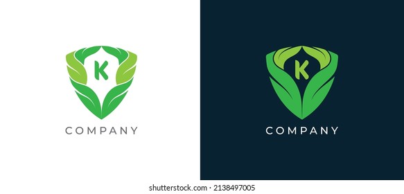 Green Leaf and Shield Logo sign icon symbol Design with Letter K. Vector illustration logo template