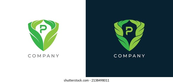 Green Leaf and Shield Logo sign icon symbol Design with Letter P. Vector illustration logo template