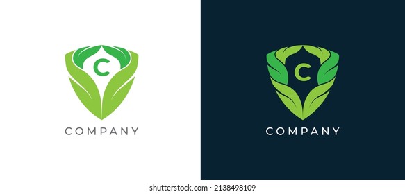 Symbol für das Symbol für das grüne Leaf- und Schild-Logo Design mit Buchstabe C für das Vektorgrafik-Logo