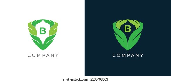 Symbol für das Symbol für das Symbol für das grüne Leaf- und Schild-Logo Design mit Buchstabe B. Logo-Vorlage für Vektorgrafiken