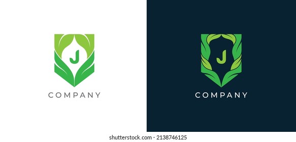 Green Leaf and Shield Logo sign icon symbol Design with Letter J. Vector illustration logo template