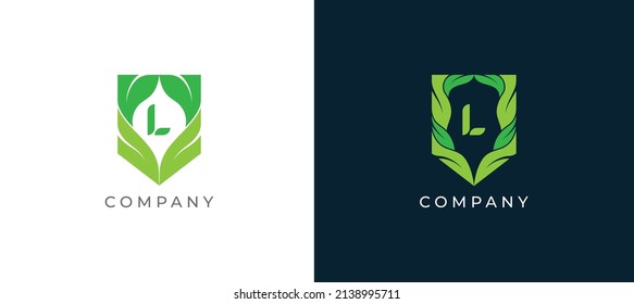 Green Leaf and Shield Logo sign icon symbol Design with Letter L. Vector illustration logo template