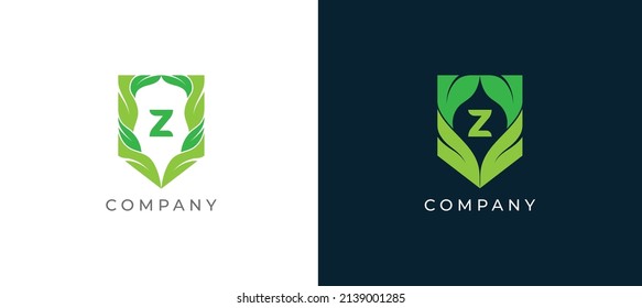 Green Leaf and Shield Logo sign icon symbol Design with Letter Z. Vector illustration logo template