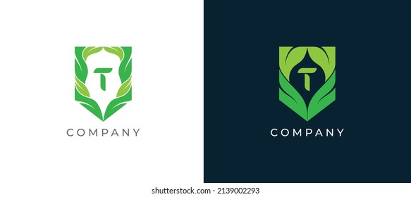 Green Leaf and Shield Logo sign icon symbol Design with Letter T. Vector illustration logo template