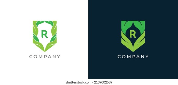 Símbolo del símbolo del logotipo Green Leaf and Shield Diseño con letra R. Plantilla de logotipo de ilustración de vector